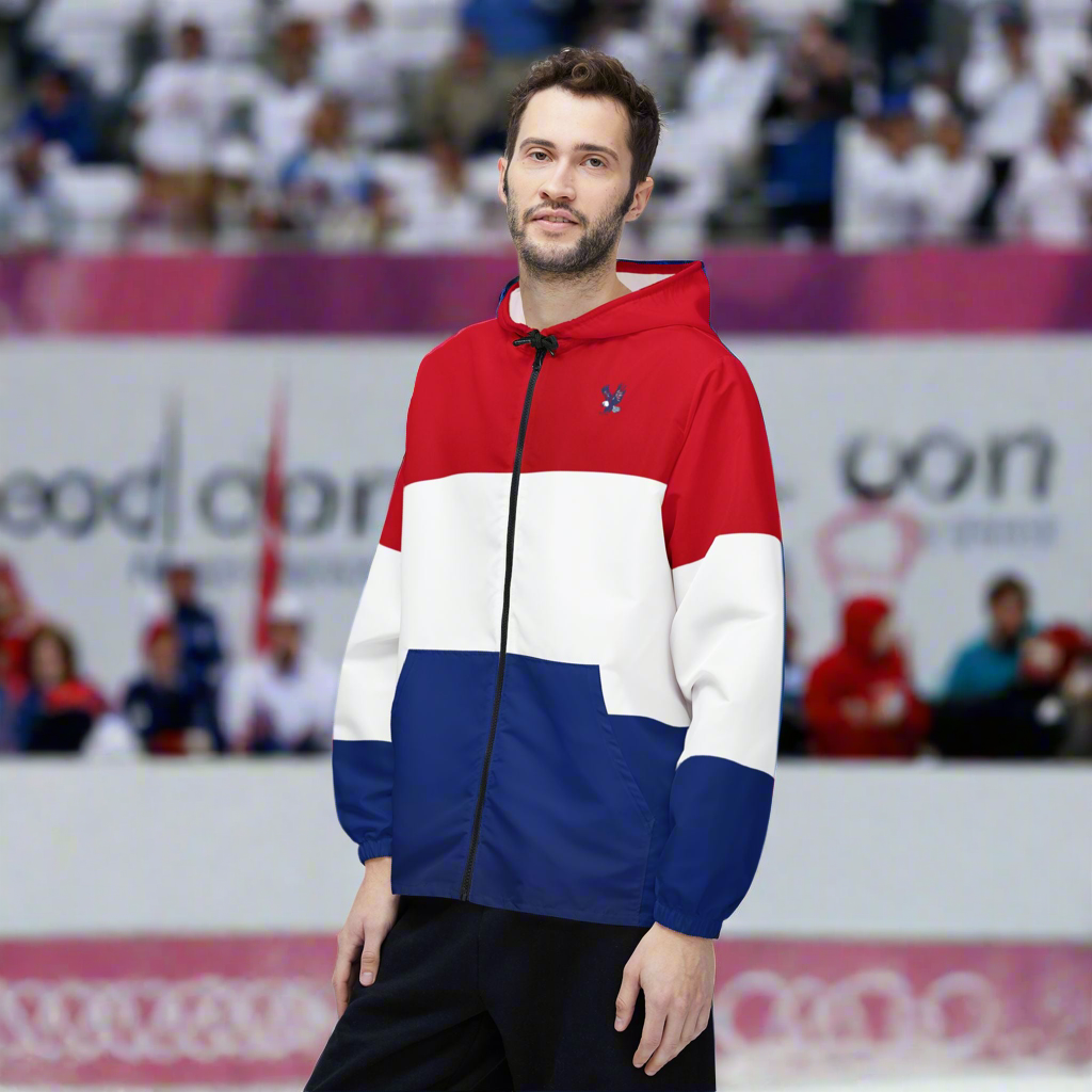 USA Flag Colorblock Windbreaker Jacket — Patriotic Red White Blue Hoodie