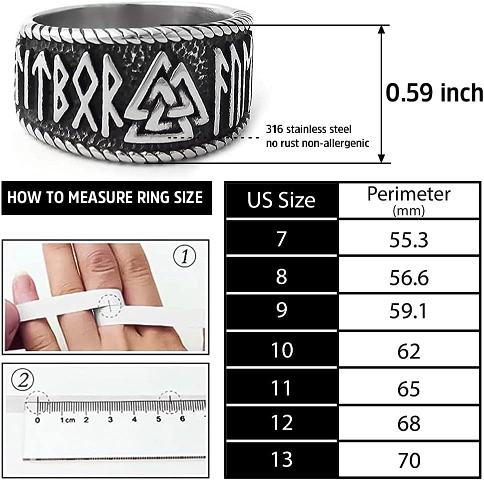 Valknut Symbol Ring with Rune Letters 316L Stainless Steel Norse Scandinavian Viking Jewelry