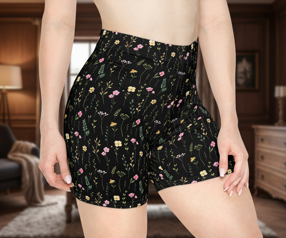 Floral Meadow Spandex Shorts — Black Wildflower Print