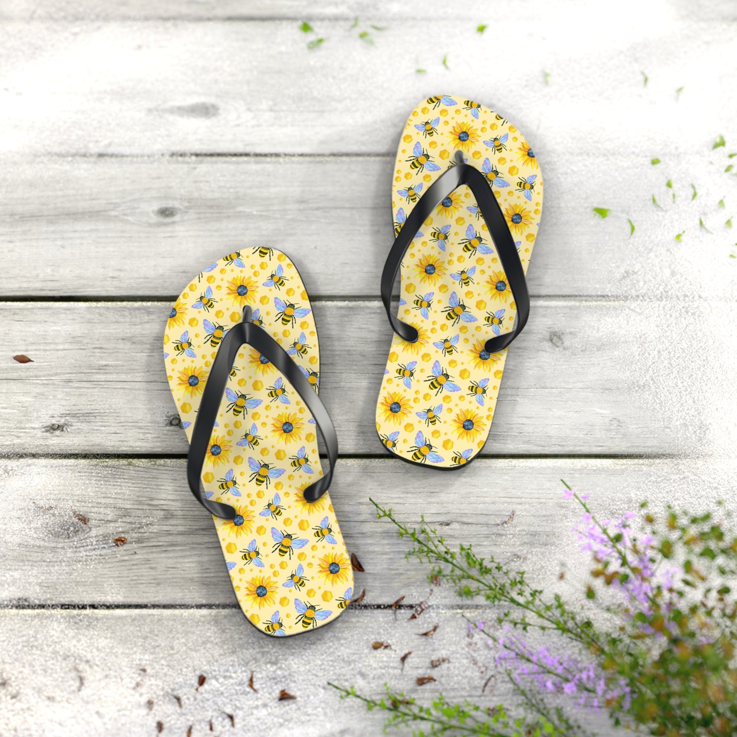 Sunflower Bees Flip Flops | Yellow Floral Beach Sandals