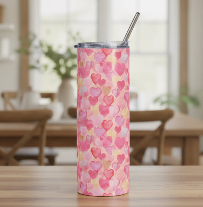 20oz Pink Watercolor Hearts Tumbler — Stainless Steel Insulated Travel Cup for Valentine’s Day