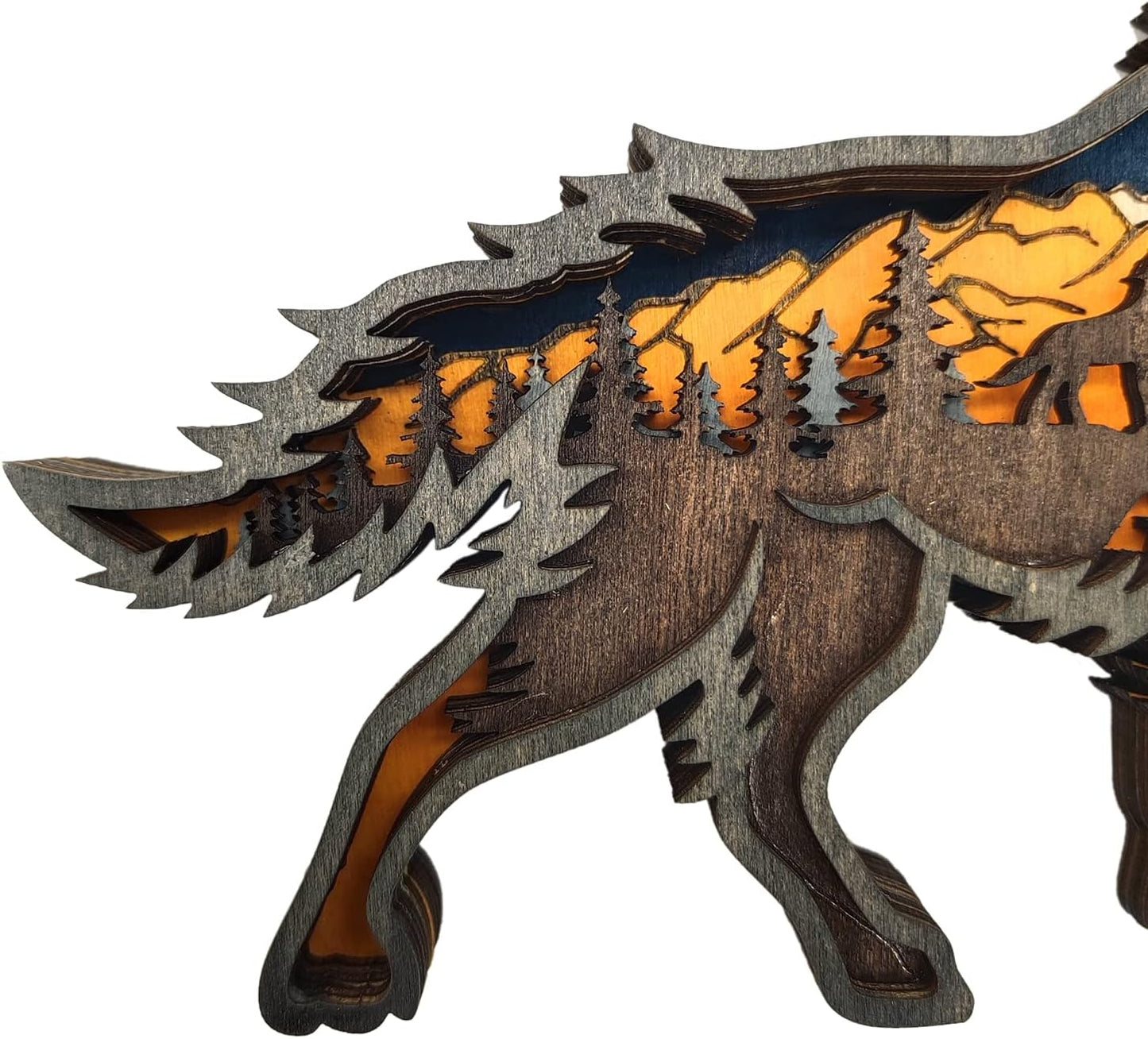 Wooden Wolf Forest Shelf Decor – Layered 3D Hand-Carved Ornament