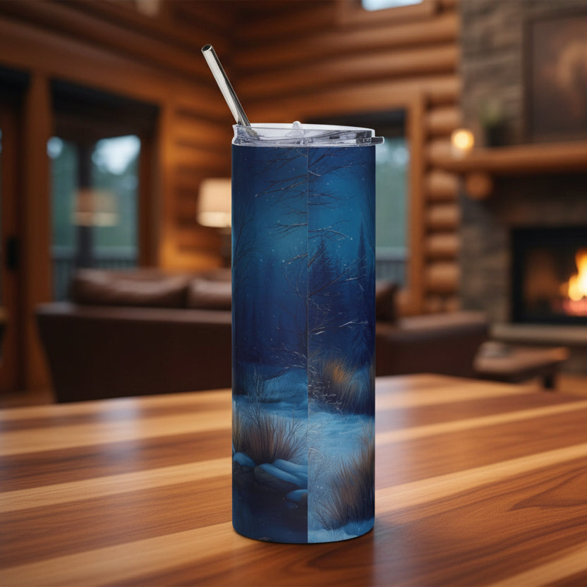 Tumbler with a nature-themed design on a cabin background