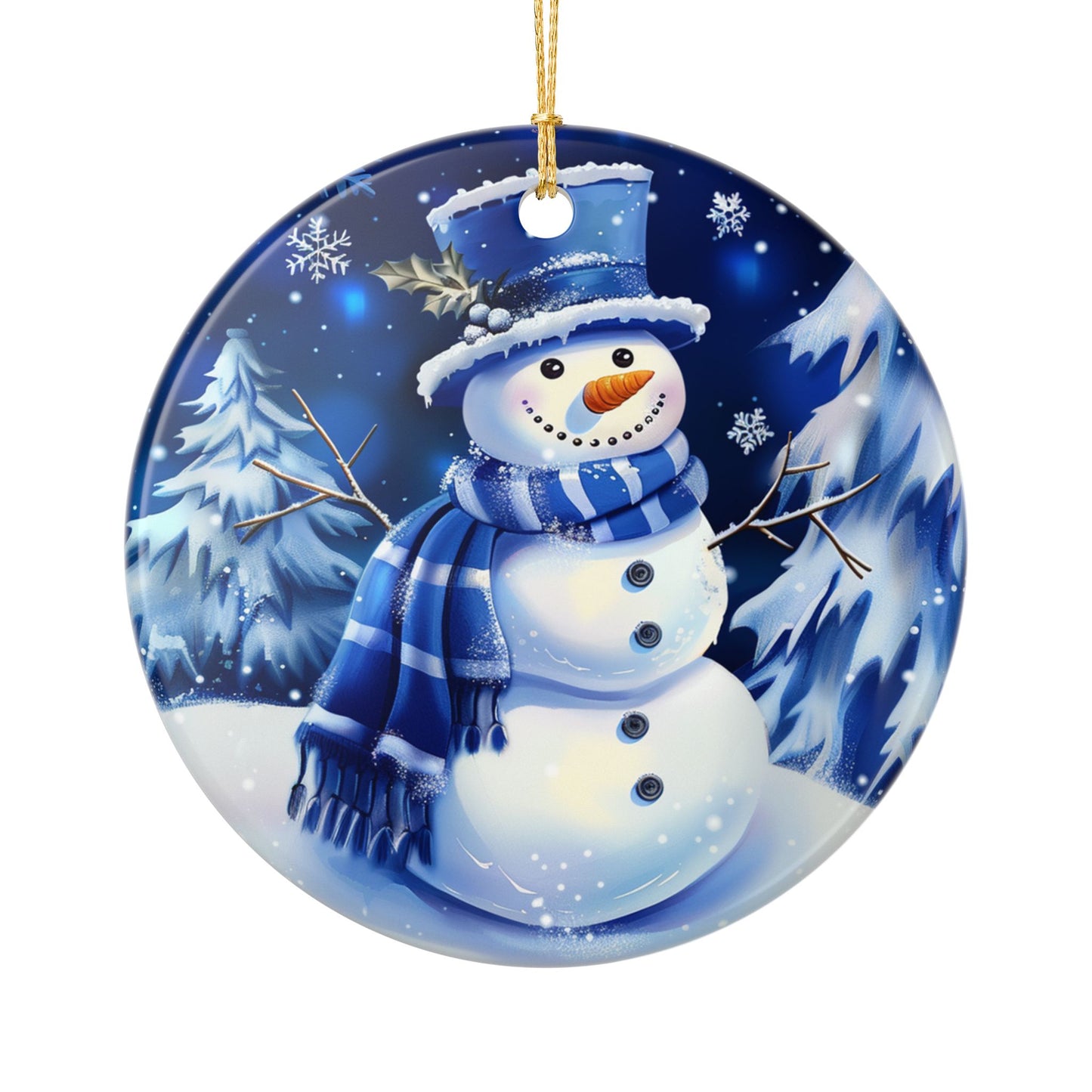 Blue Winter Snowman Ceramic Ornament