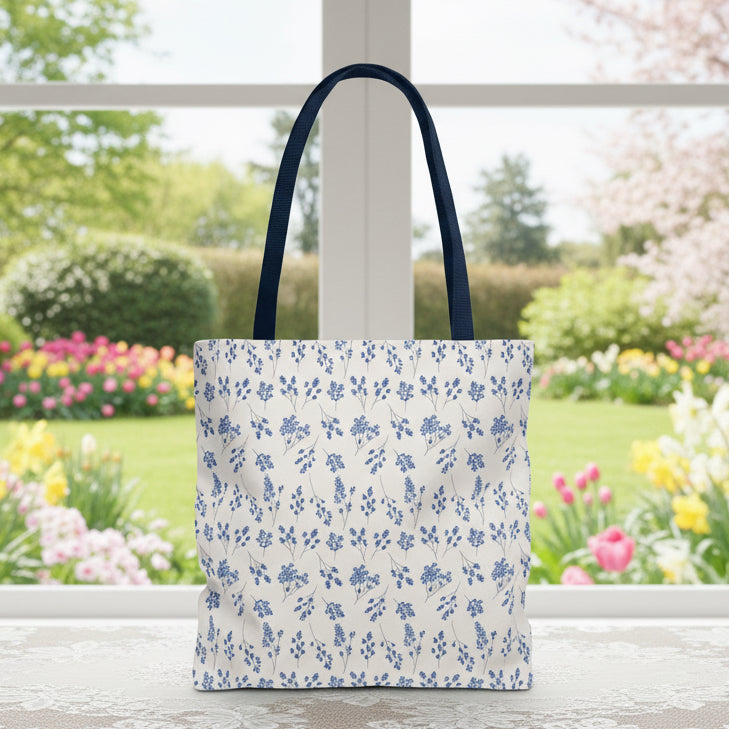 Blue Floral Tote Bag with Blue Handle