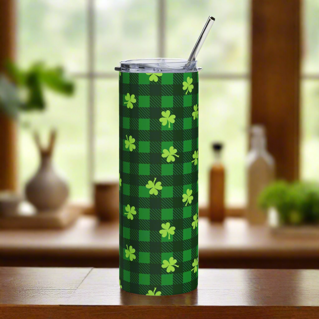 Green Plaid Shamrock 20oz Stainless Steel Cup