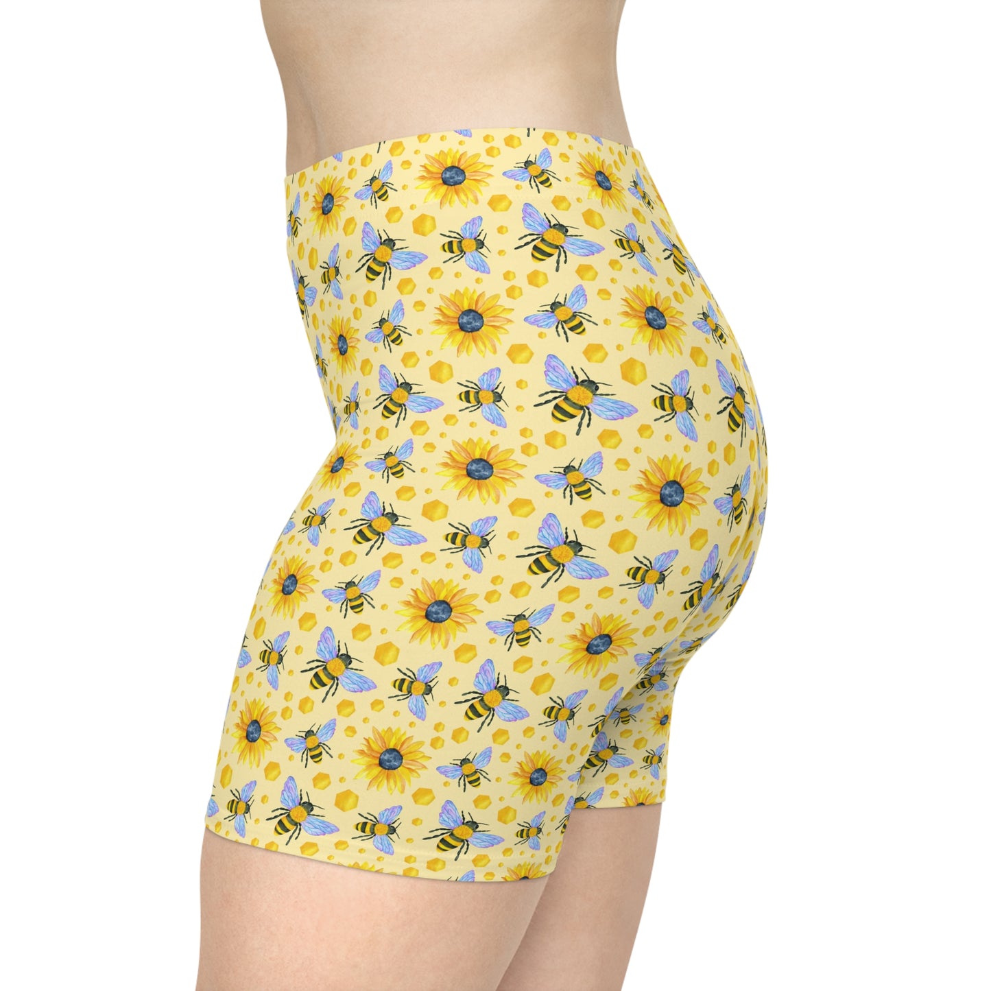 Sunflowers and Bees Biker Shorts | Floral Yellow All-Over Print for Women