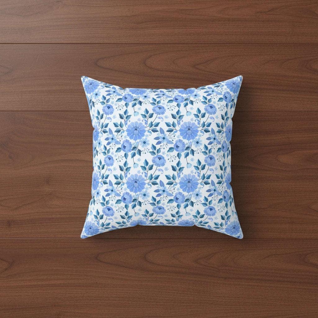 Blue Floral Faux Suede Pillow