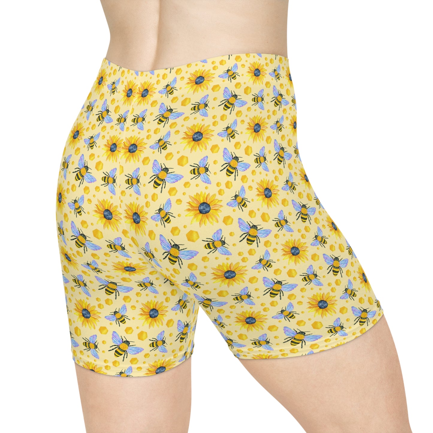 Sunflowers and Bees Biker Shorts | Floral Yellow All-Over Print for Women