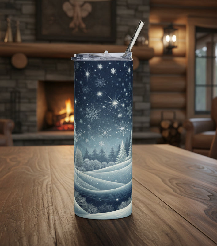 Tumbler with a winter landscape design featuring snowflakes and trees, on a cabin background.