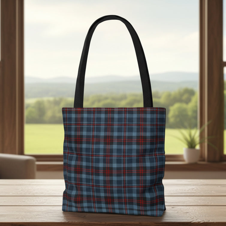 Highland Hearth Blue Plaid Tote Bag | Navy or Black Handle