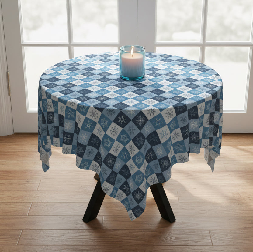 Blue Checkered Snowflake Tablecloth