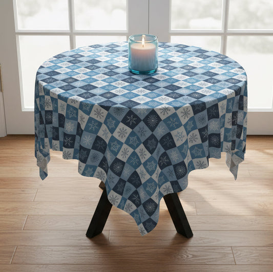 Blue Checkered Snowflake Tablecloth