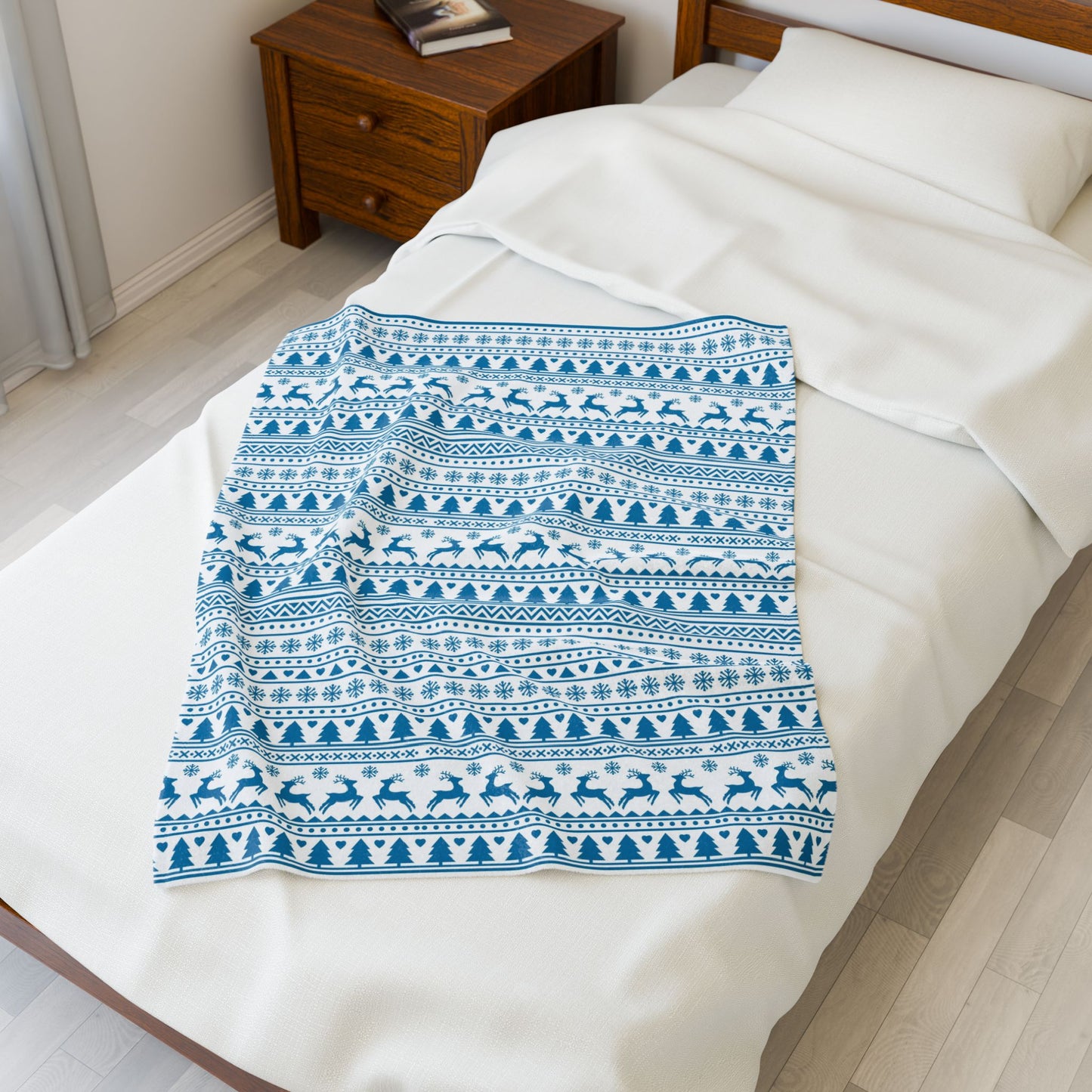 Blue Nordic Reindeer Fair Isle Velveteen Throw