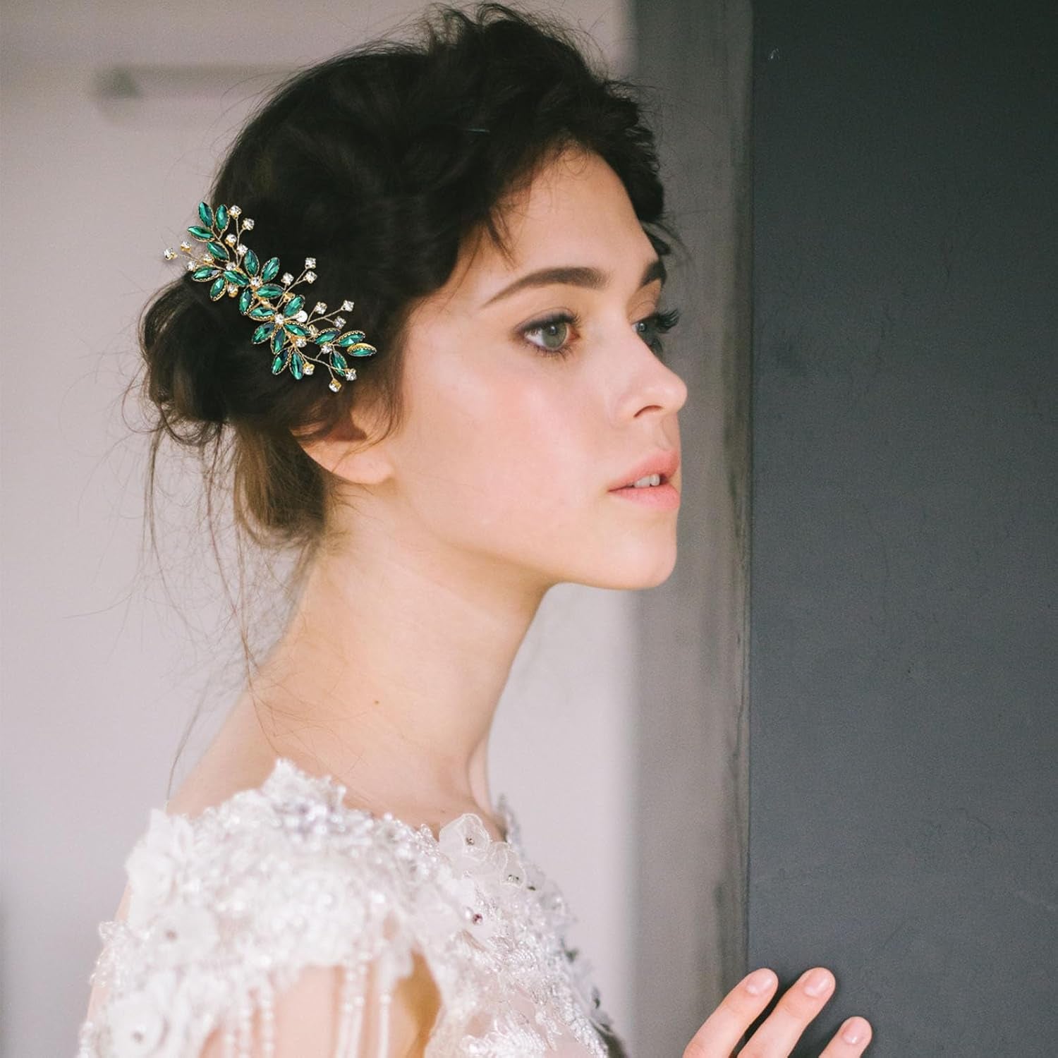 Green Crystal Bride Wedding Hair Side Comb Green Leaf Rhinestone Gold Hair Vine Rhinestone Bride Headpiece Jewelry Wedding Hair Accessories for Women