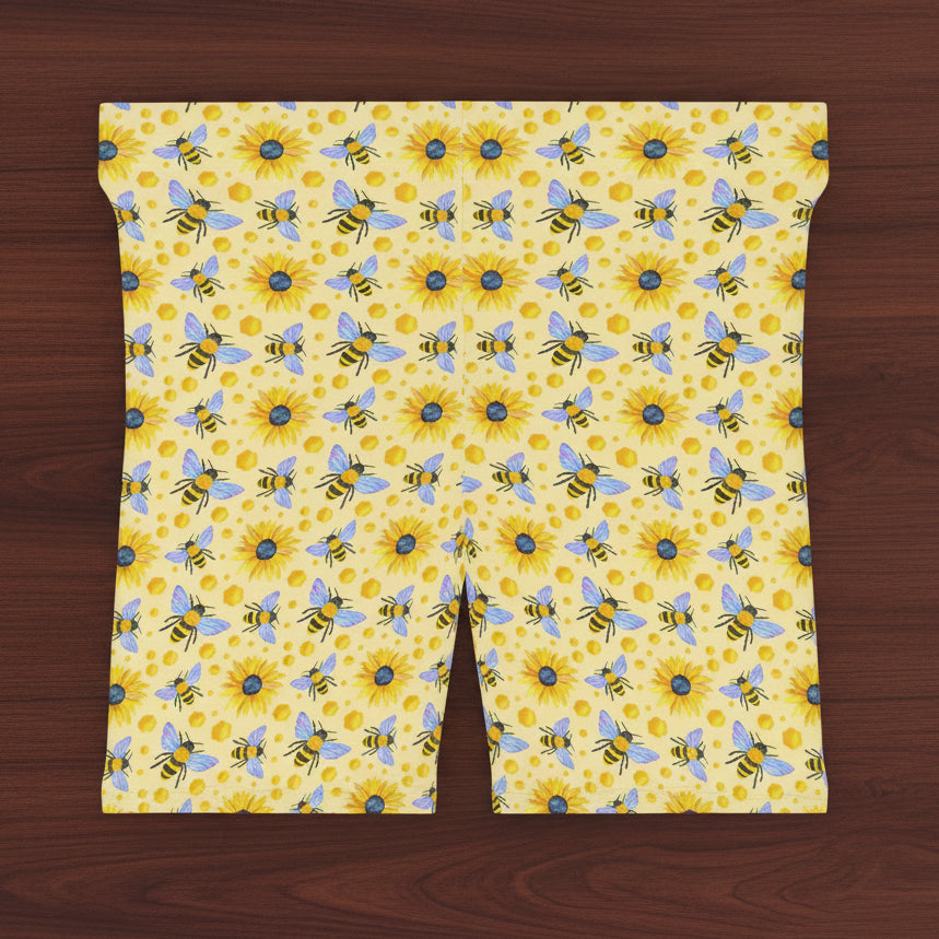 Sunflowers and Bees Biker Shorts | Floral Yellow All-Over Print for Women