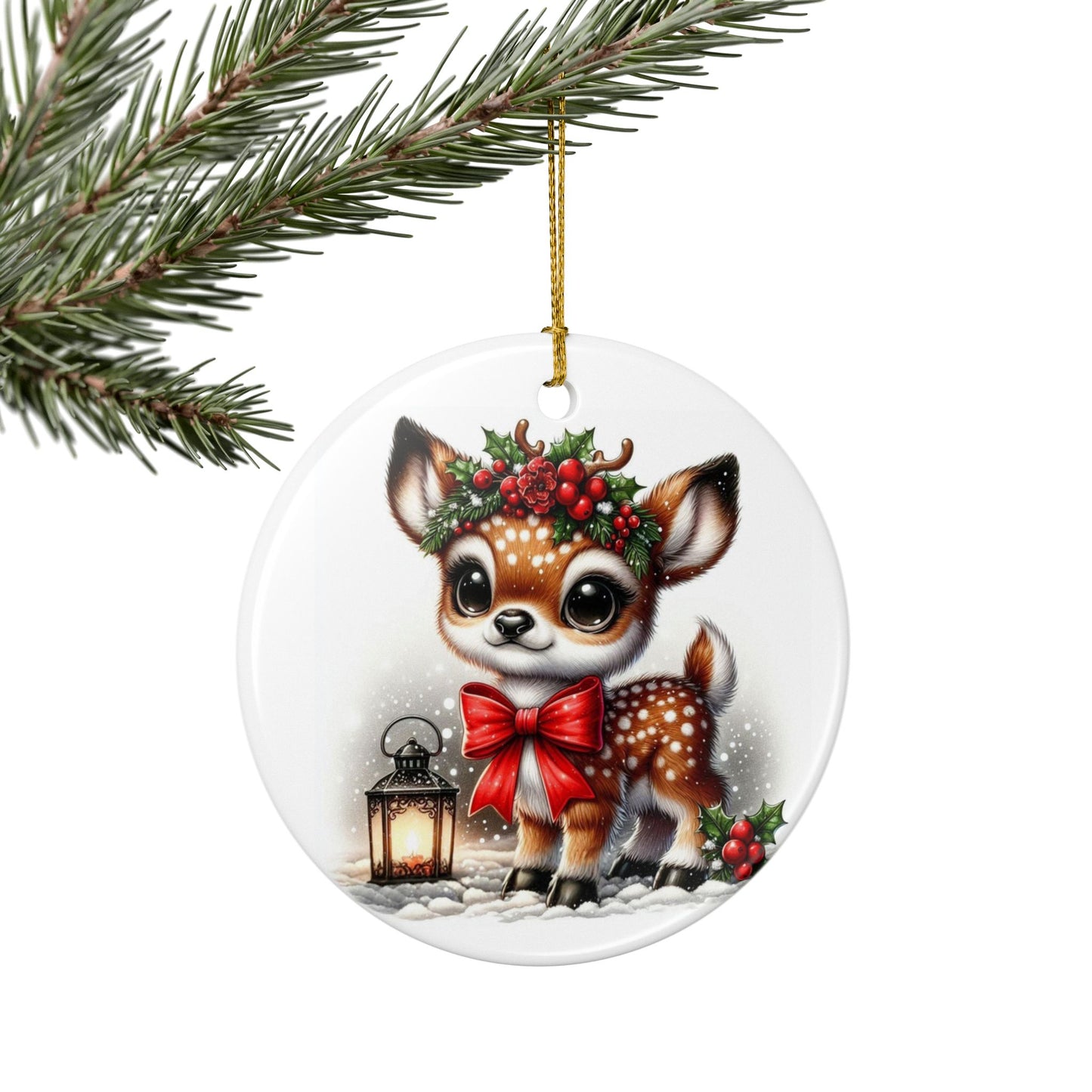 Hollyberry Fawn Ceramic Christmas Ornament