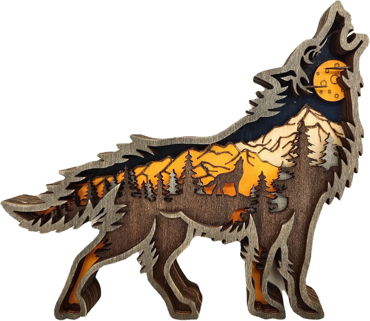 Wooden Wolf Forest Shelf Decor – Layered 3D Hand-Carved Ornament