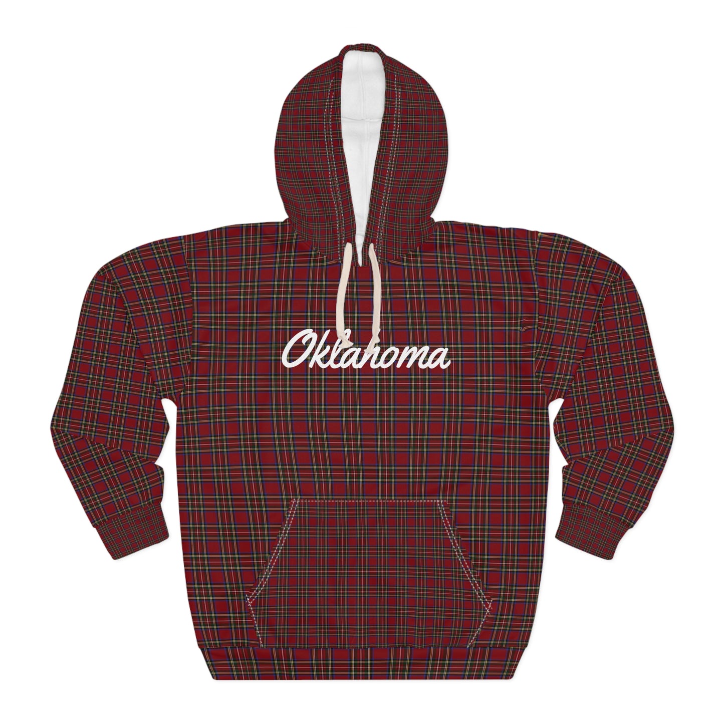 Oklahoma Plaid Hoodie — Red Tartan State Script Pullover