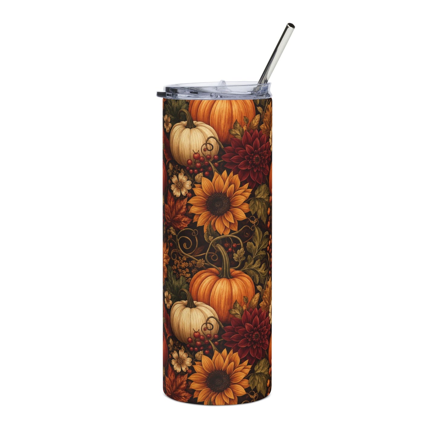 Pumpkin Harvest 20oz Stainless Steel Tumbler — Fall Sunflower Autumn Leaves Design