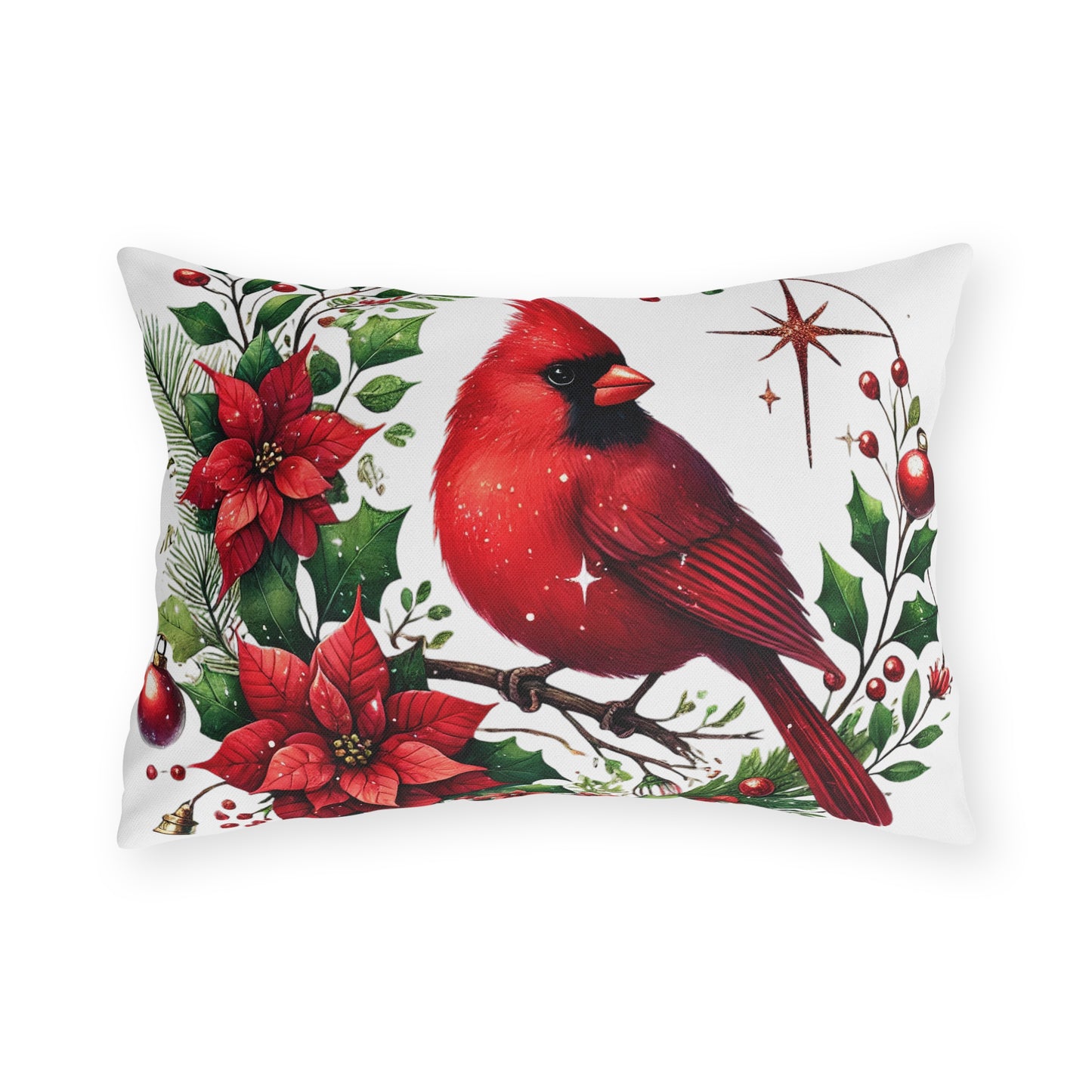 Cardinal & Poinsettia Outdoor Pillow