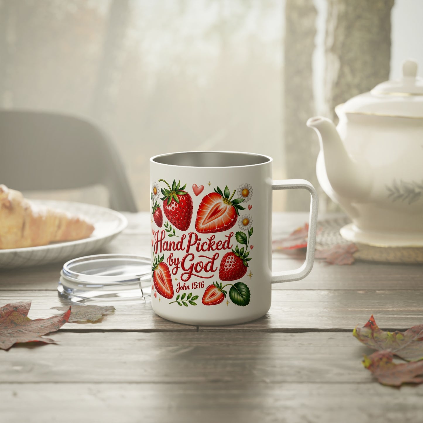 Handpicked By God 10oz Insulated Coffee Mug | Strawberry Floral Travel Tumbler