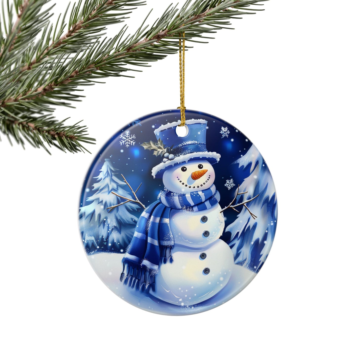 Blue Winter Snowman Ceramic Ornament