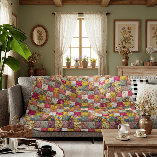 Floral Patchwork Sherpa Blanket — Beige or Grey Reverse