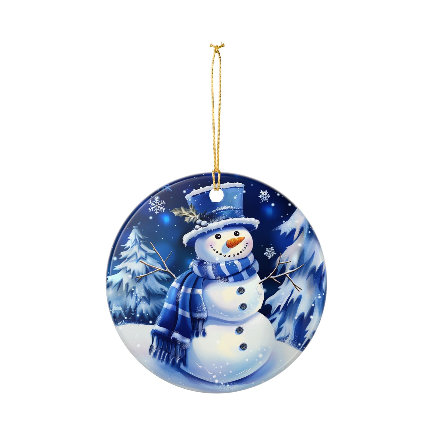 Blue Winter Snowman Ceramic Ornament
