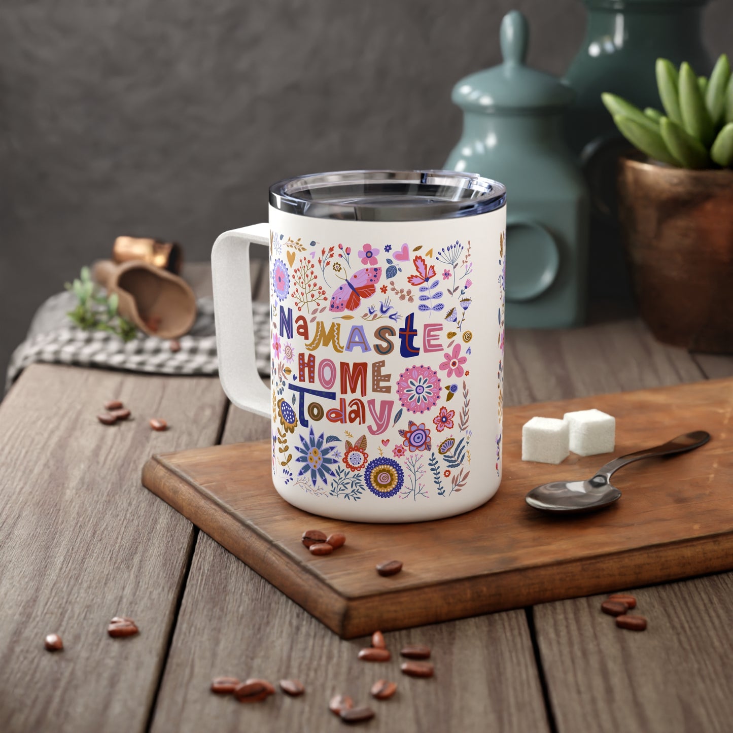 Namaste Here Today 10oz Insulated Coffee Mug | Floral Travel Tumbler