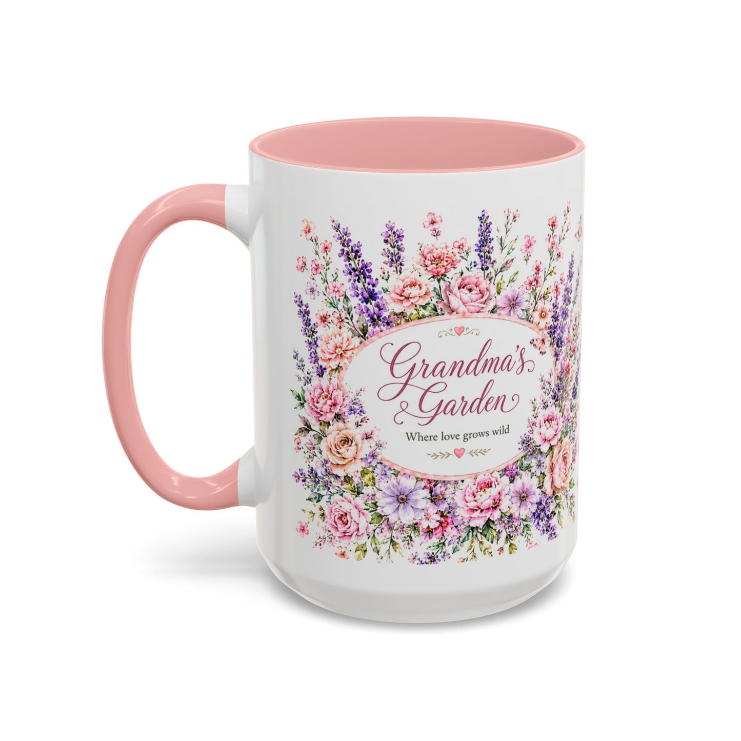 Grandma’s Garden Floral Accent Coffee Mug — 'Where Love Grows Wild' Pink Interior (11/15oz)
