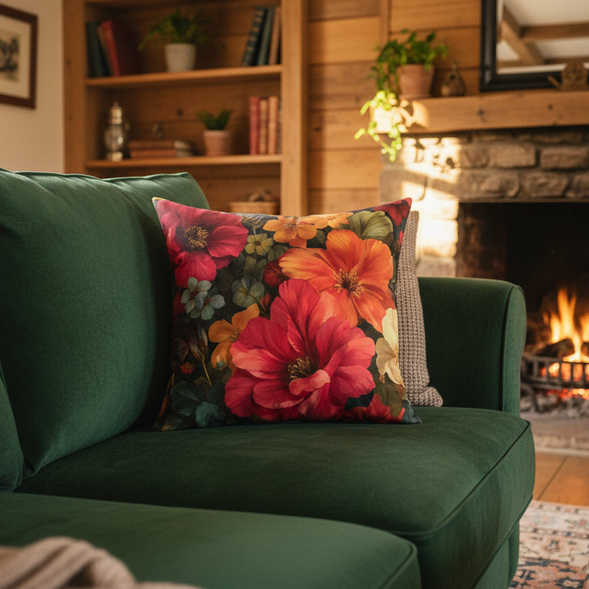 Dark Floral Faux Suede Pillow