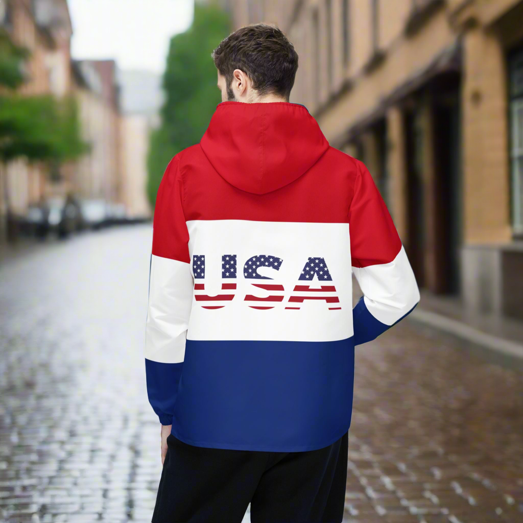 USA Flag Colorblock Windbreaker Jacket — Patriotic Red White Blue Hoodie