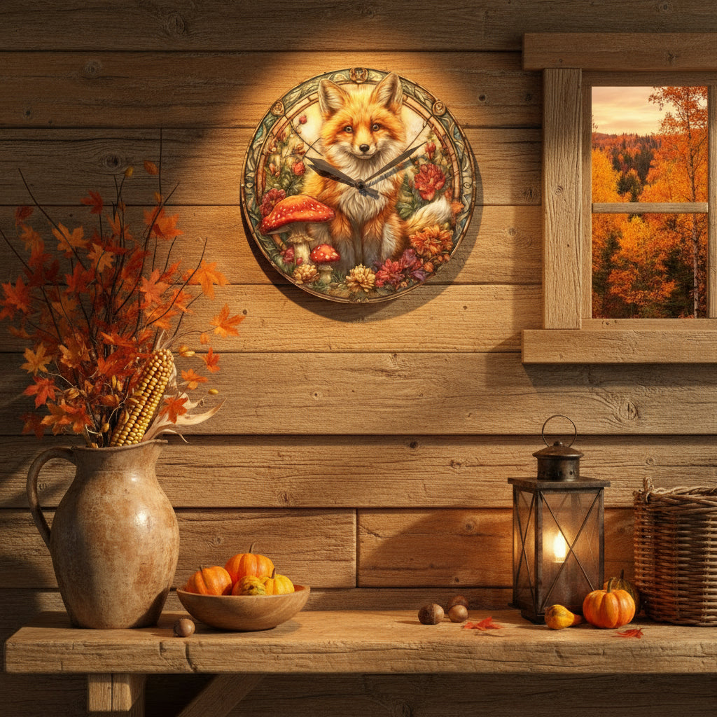 A decorative wall clock with a fox design on a shelf with a vase, pumpkins, and a lantern. The window shows an autumn landscape.