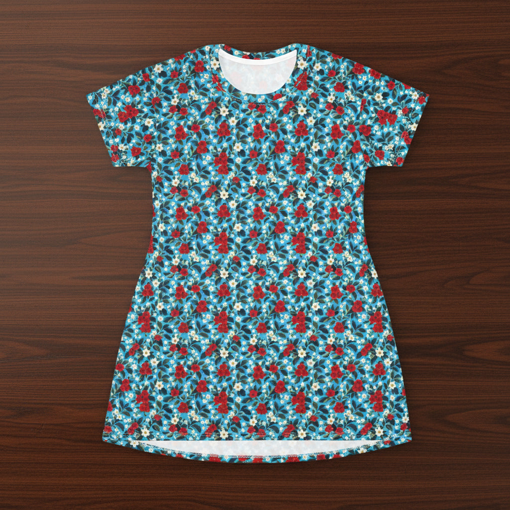 Floral patterned dress on a wood background