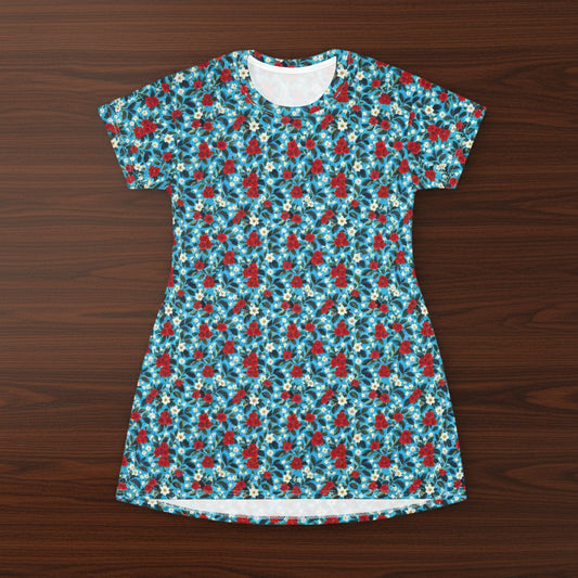 Floral patterned dress on a wood background