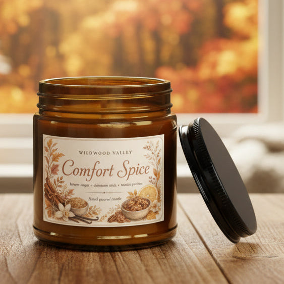 Brown candle jar with floral label Comfort Spice Scent