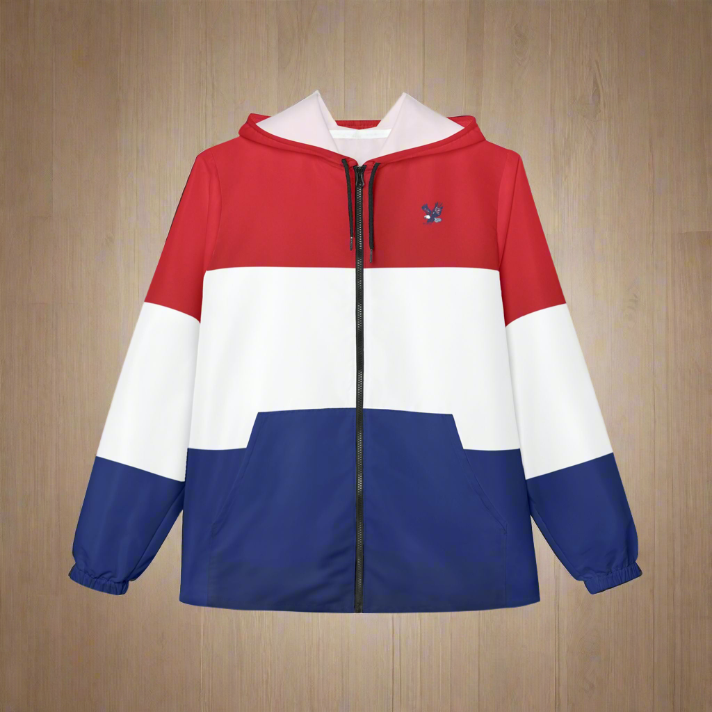 USA Flag Colorblock Windbreaker Jacket — Patriotic Red White Blue Hoodie