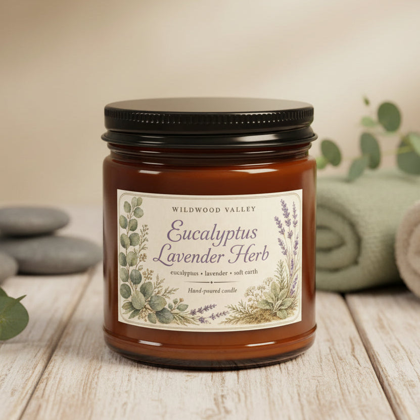 Eucalyptus lavender herb scented candle with 'Wildwood Valley' label