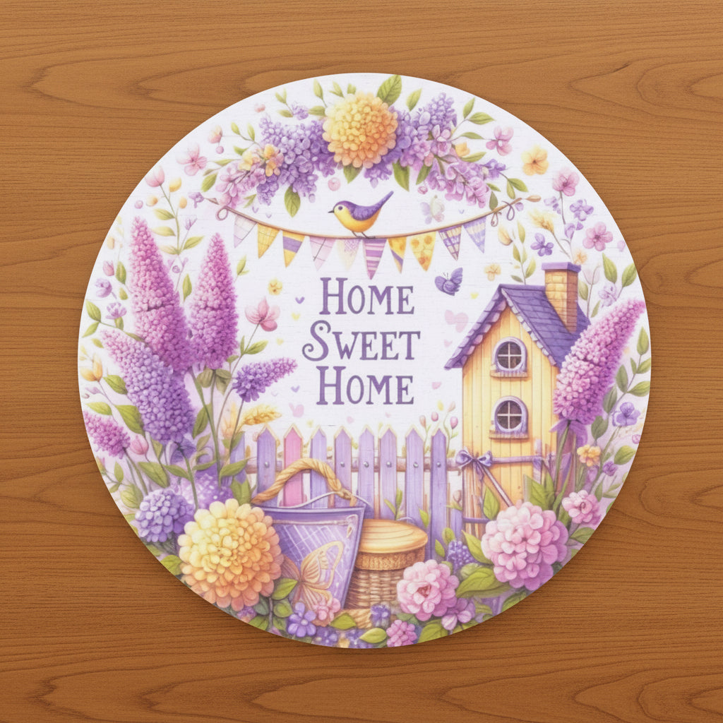 Decorative wall art with a spring garden scene, flowers, and 'Home Sweet Home' text.