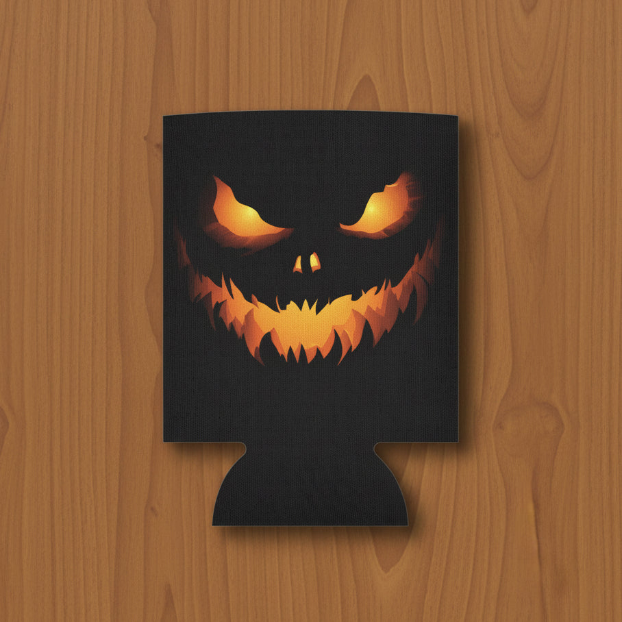 A black can cooler or koozie featuring a glowing orange jack-o'-lantern face graphic on the front.