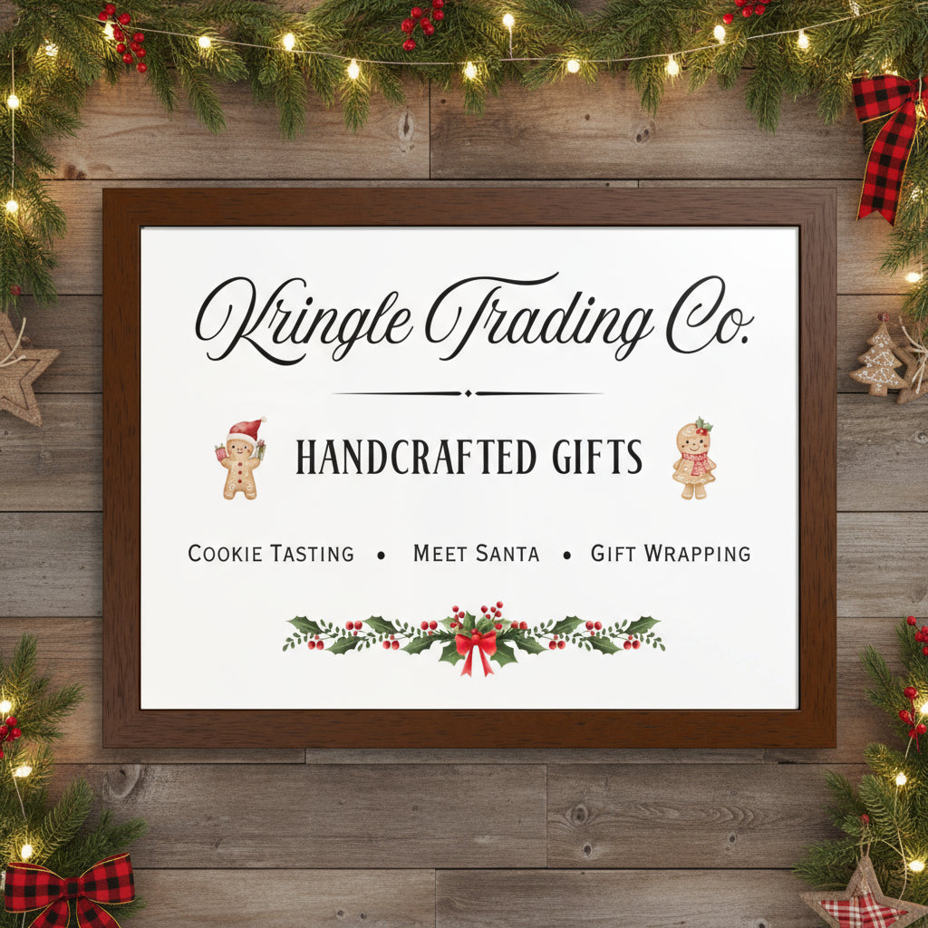 Framed sign for Kringle Trading Co. with Christmas-themed text and graphics.