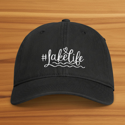 Baseball cap with '#LakeLife' text embroidery