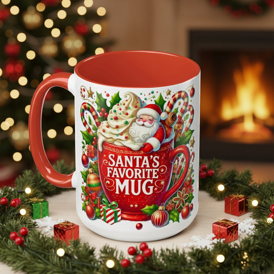 Christmas-themed mug with Santa on a Christmas background