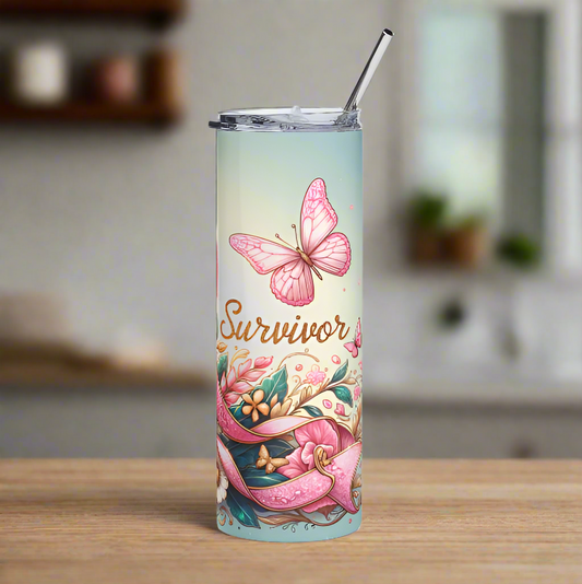 Tumbler with a pink butterfly design and 'Survivor' text on a gradient background