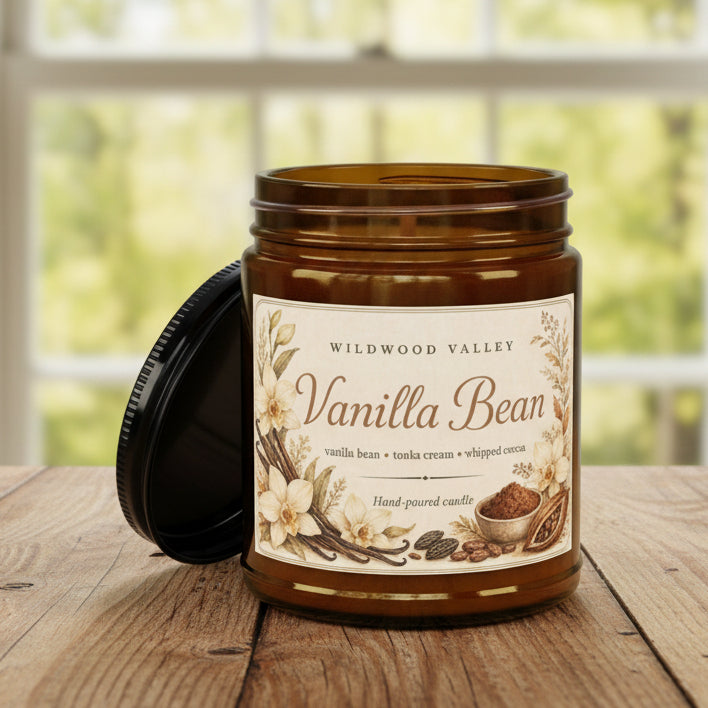 Vanilla bean candle in a brown jar