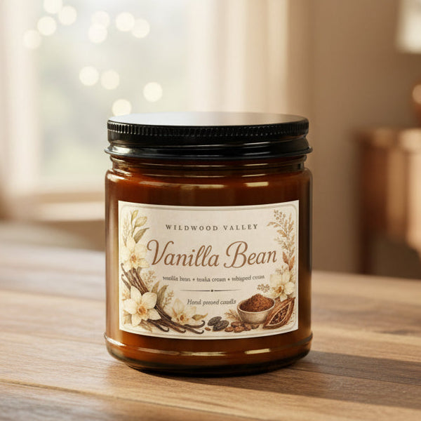 Vanilla bean candle with a vintage fall label 