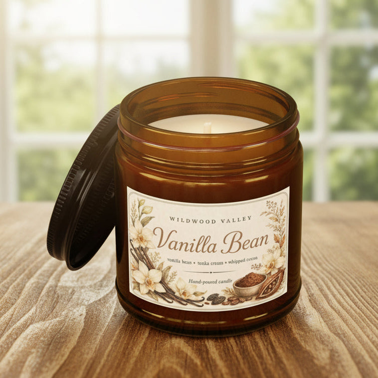 Vanilla bean candle in a brown jar