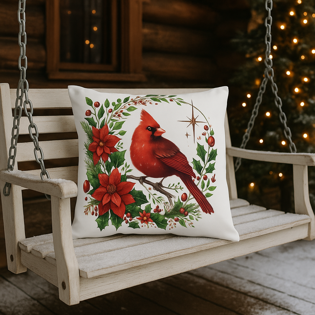 Cardinal & Poinsettia Outdoor Pillow