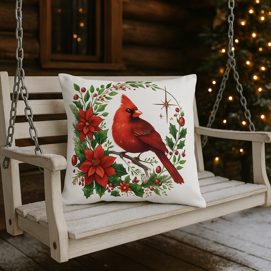 Cardinal & Poinsettia Outdoor Pillow